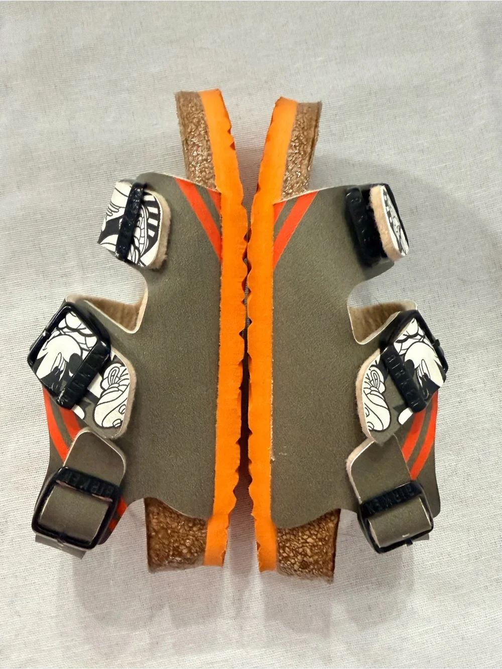 Mikey BirkenstockKids Cartoon-Print Sandal in Black, Orange and White